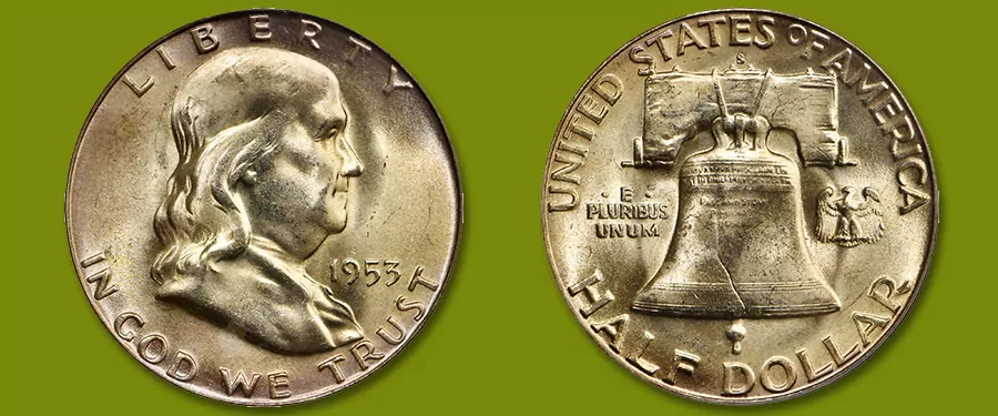 Side-by-side comparison of 1953 Franklin half dollar reverse: left shows weak bell lines (non-FBL), right shows sharp Full Bell Lines (FBL)