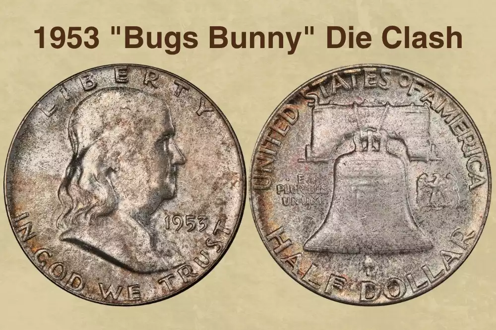 1953-D Franklin half dollar Bugs Bunny die clash FS-401 showing clash marks on Franklin's mouth resembling protruding teeth