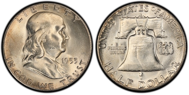 1953-S Franklin half dollar reverse close-up showing Full Bell Lines FBL — the completely separated horizontal lines at the base of the Liberty Bell