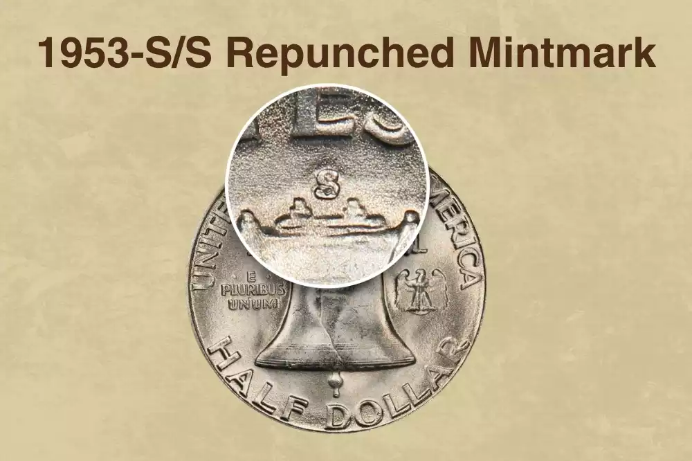1953-S Franklin half dollar reverse macro showing repunched S mint mark (RPM FS-501) with secondary ghost S impression visible