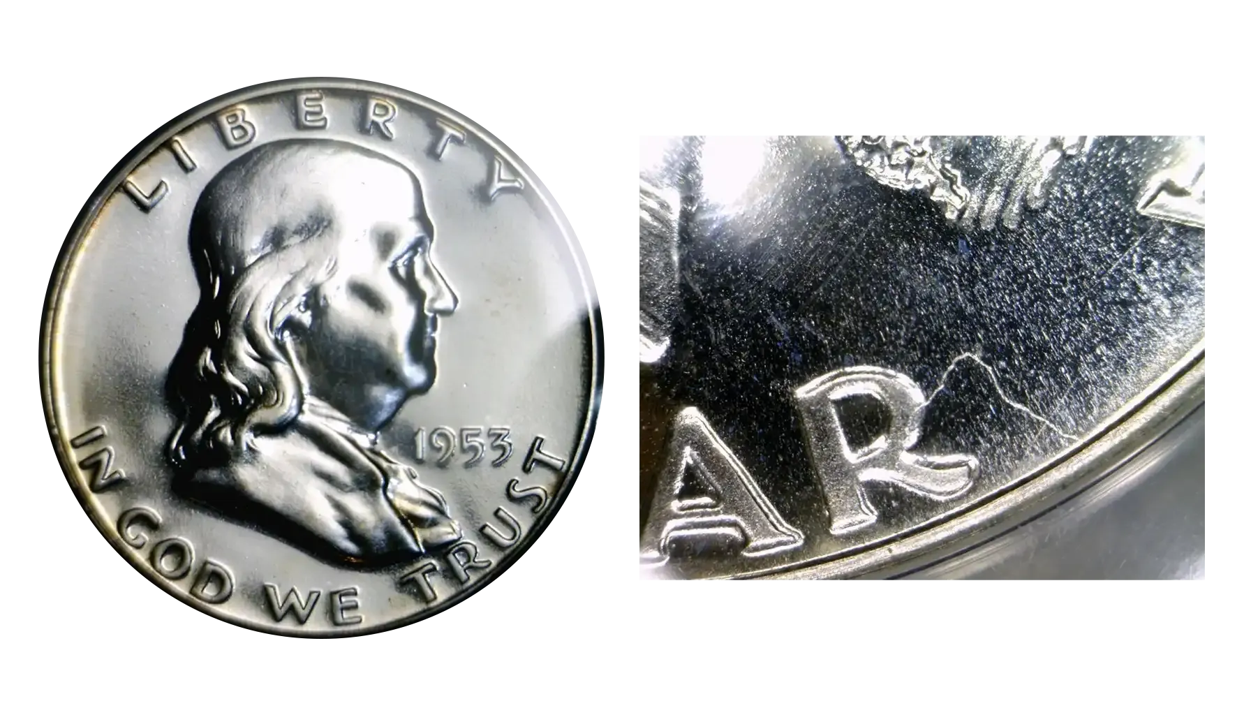 1953 Franklin half dollar struck-through error showing indentation where a foreign object was compressed into the coin during striking